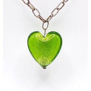 Silver Tone Necklace Green Glass Heart Pendant Paperclip Chain Murano Inspired